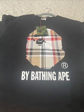 By BATHING APE Black Short Sleeve Tee with Plaid Ape Head Graphic